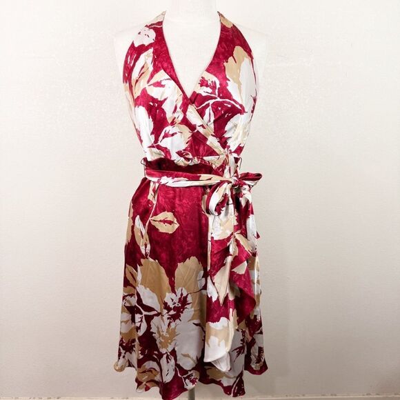 Y2K Vintage BCBG Silk Floral halter Red Mini Dress Wrap Size 4/6 - Picture 1 of 8